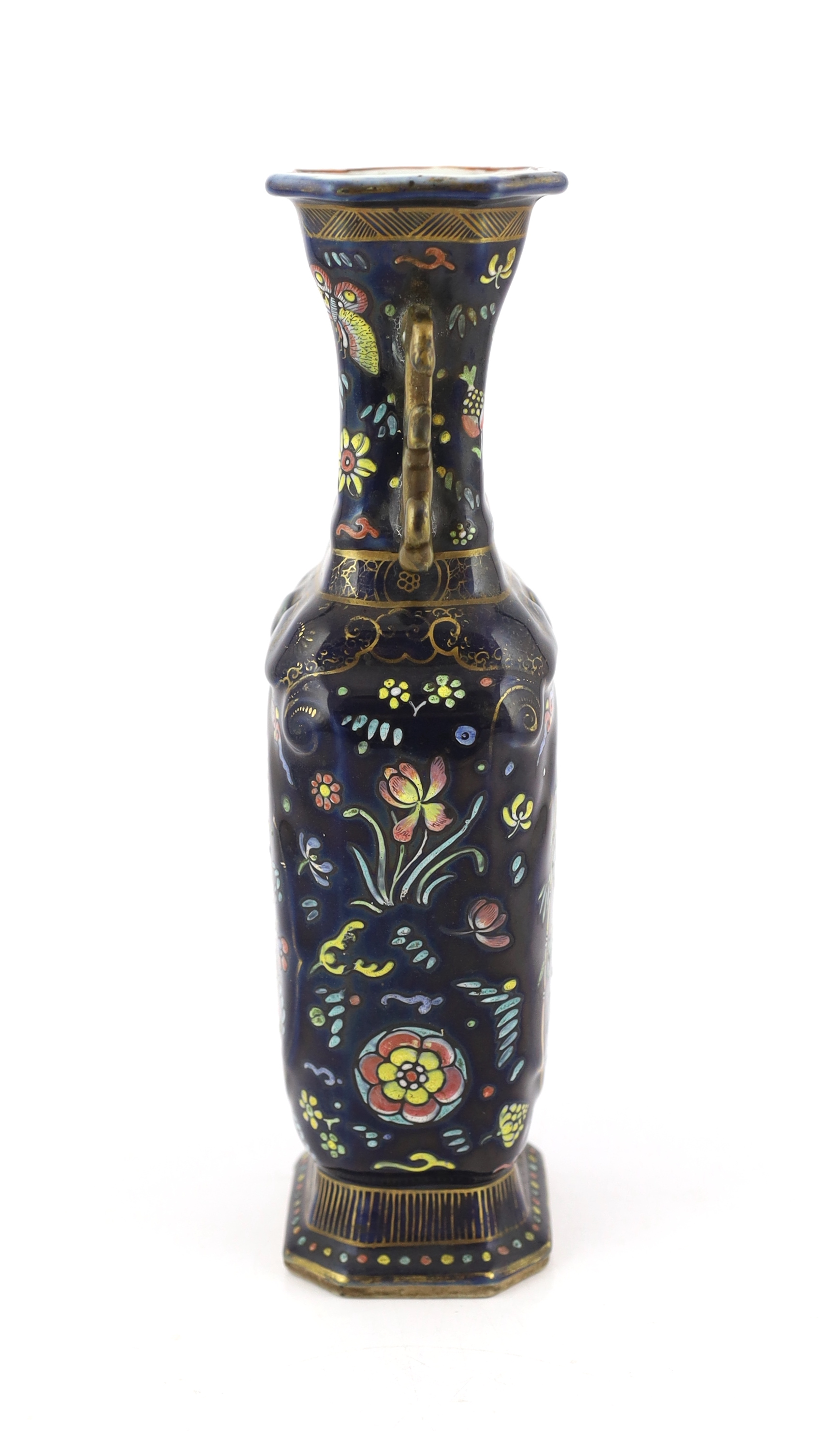 An unusual Chinese blue glazed two handled vase, the porcelain Qianlong period, the enamelled decoration early 19th century English